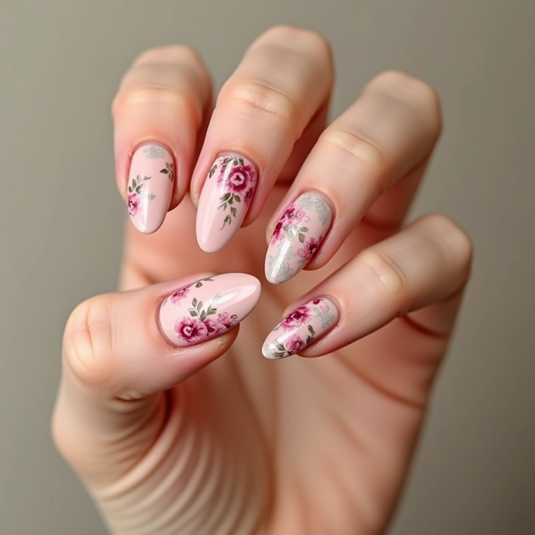 Unhas almond com desenhos florais, delicadas e femininas.