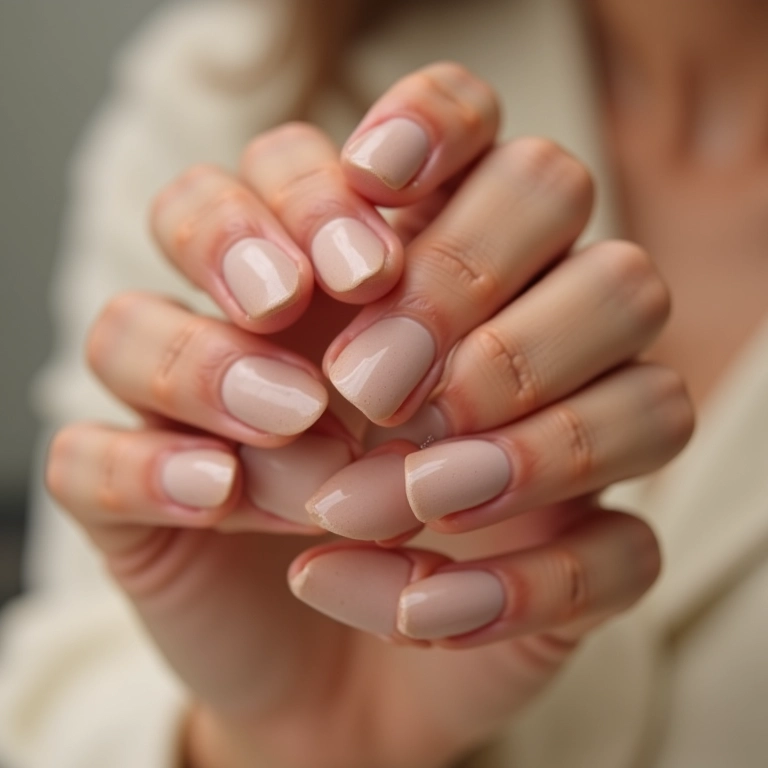 Unhas almond com esmalte nude, minimalistas e elegantes.