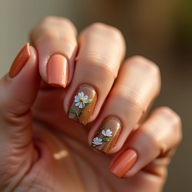 Unhas almond com filha única floral.