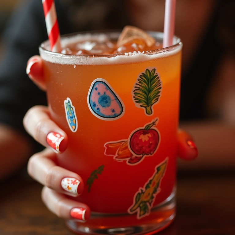 Unhas almond decoradas com adesivos tropicais.