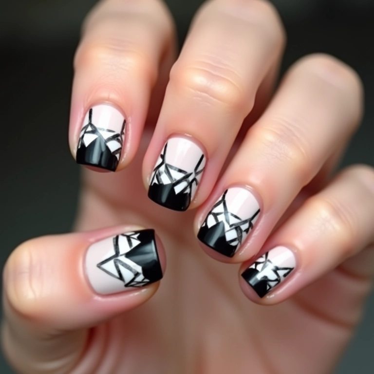Unhas almond decoradas com desenhos geométricos.