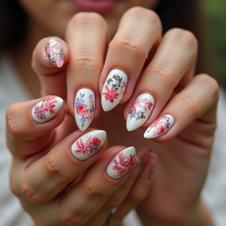 Unhas almond decoradas com diversos estilos de nail art.