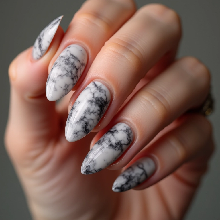 Unhas almond decoradas com efeito marmorizado.