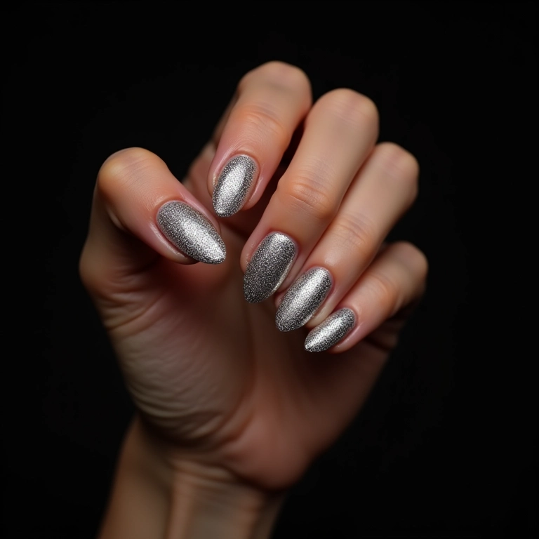 Unhas almond decoradas com glitter prateado.