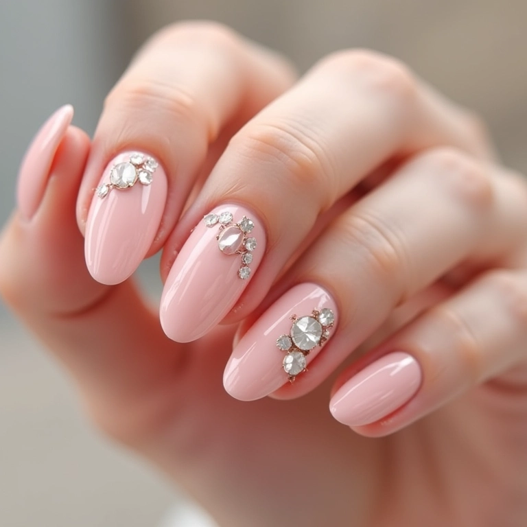 Unhas almond decoradas com pedrarias delicadas.