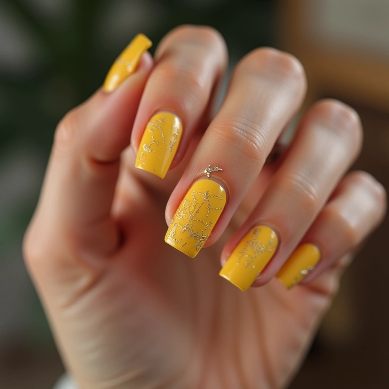 Unhas amarelas com carimbo, detalhes e precisão na decoração.