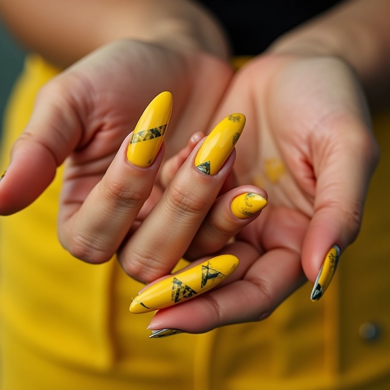 Unhas amarelas com desenhos geométricos, arte e modernidade.