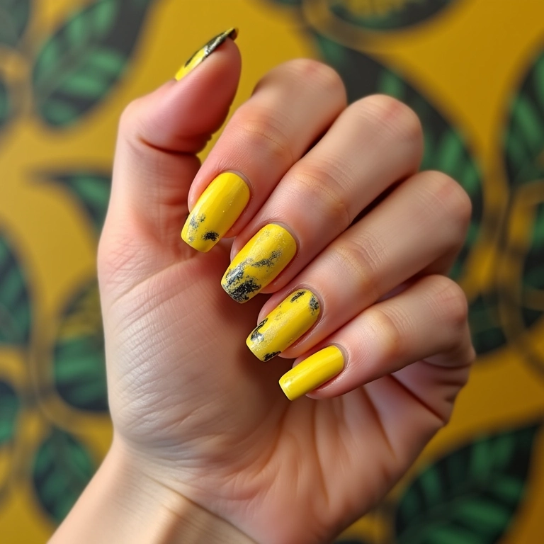 Unhas amarelas com efeito marmorizado, elegância e sofisticação.
