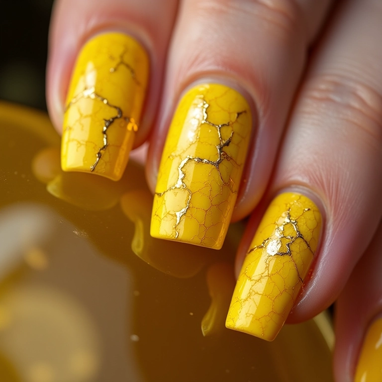Unhas amarelas com esmalte craquelado, textura e originalidade.