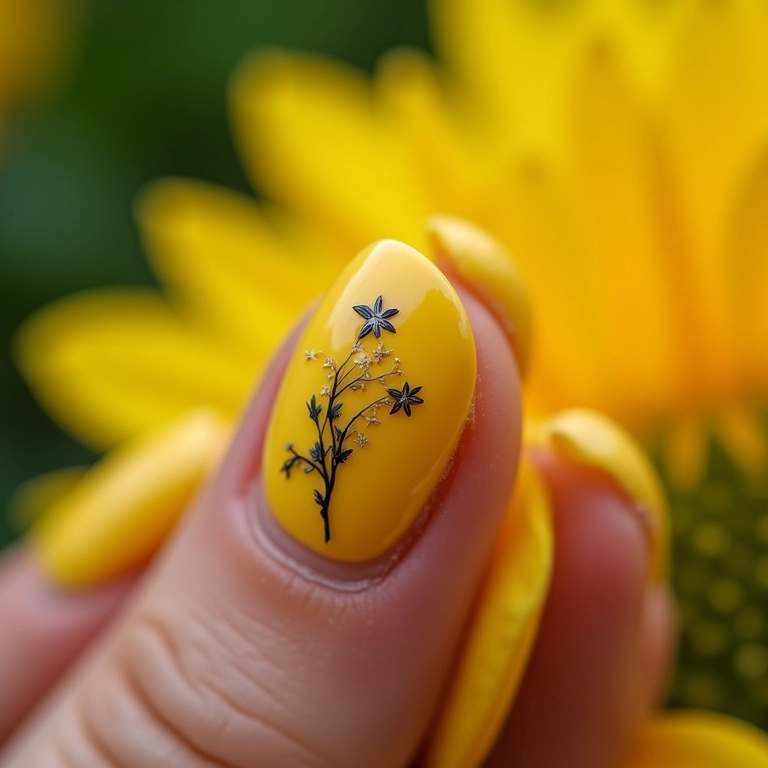Unhas amarelas com flores, delicadeza e feminilidade em cada detalhe.