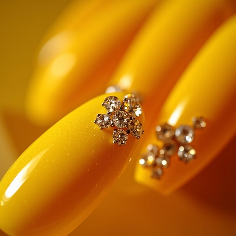 Unhas amarelas com pedrarias, glamour e sofisticação para ocasiões especiais.