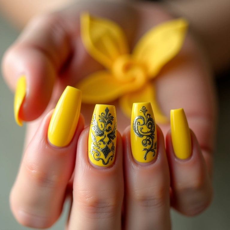Unhas amarelas com películas, praticidade e estilo em um só.