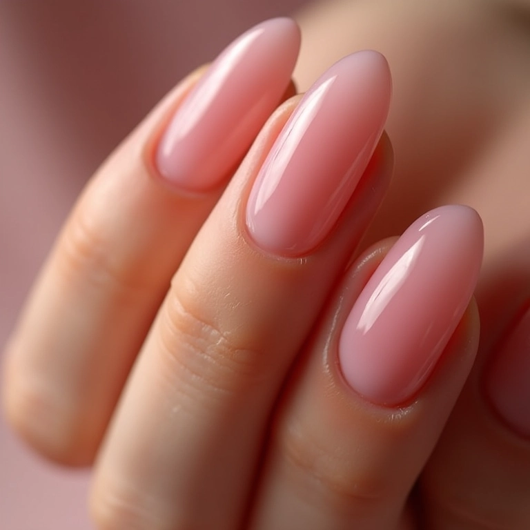 Unhas amendoadas com acabamento brilhante, formato moderno e elegante.