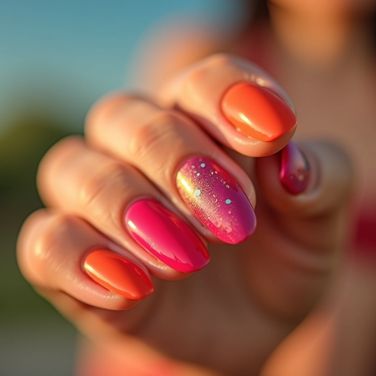 Unhas amendoadas com cores vibrantes, alegres e modernas.