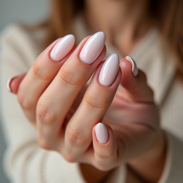 Unhas amendoadas com esmalte perolado.