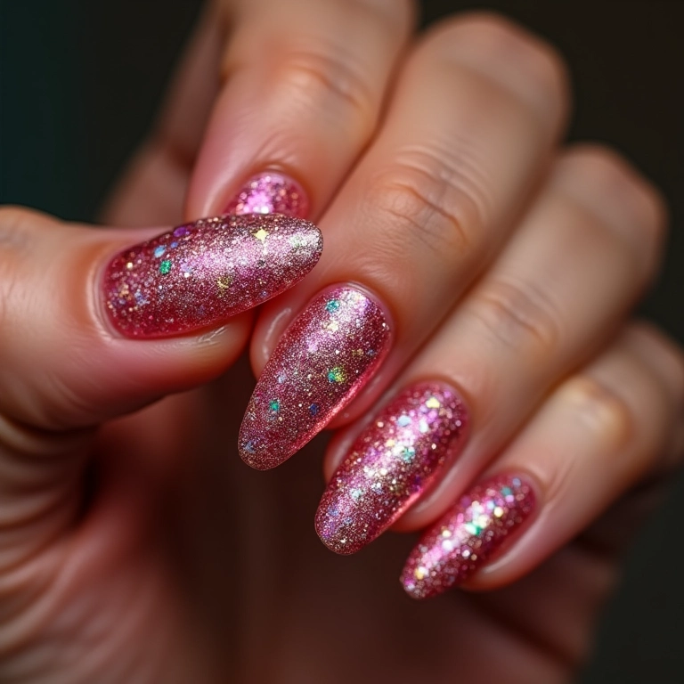 Unhas amendoadas com glitter, brilhantes e chamativas.