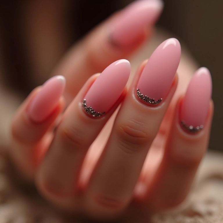 Unhas amendoadas rosa com glitter sofisticadas.