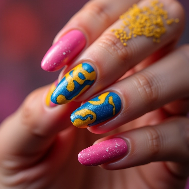 Unhas animal print com cores vibrantes.