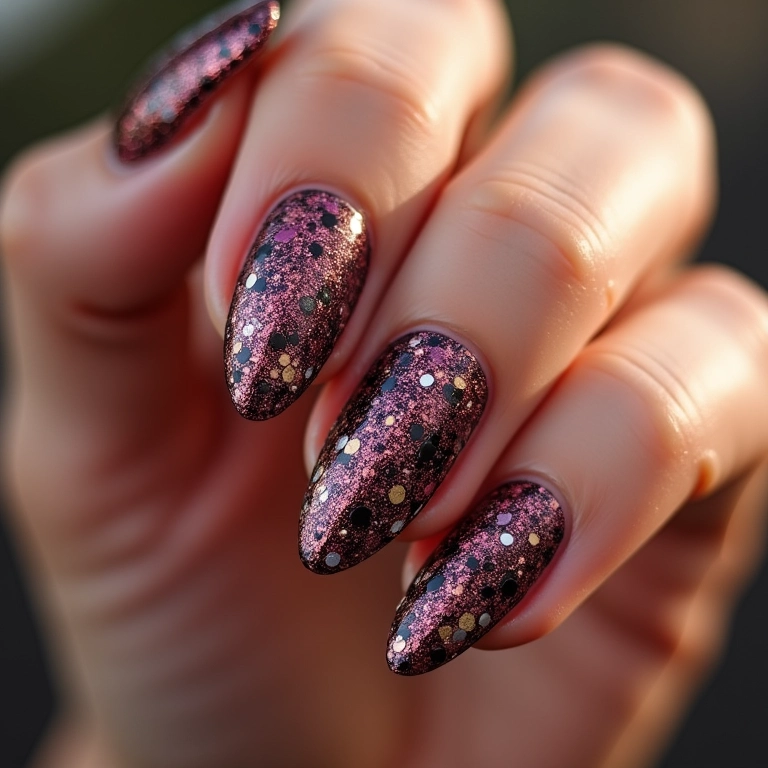 Unhas animal print com glitter brilhante.