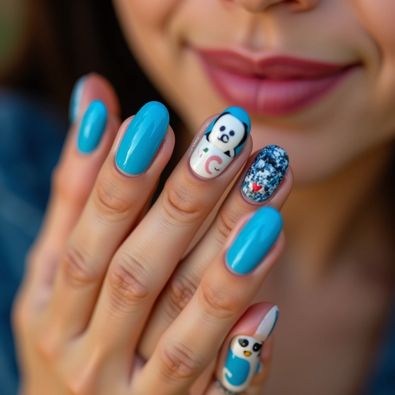 Unhas azuis com adesivos.