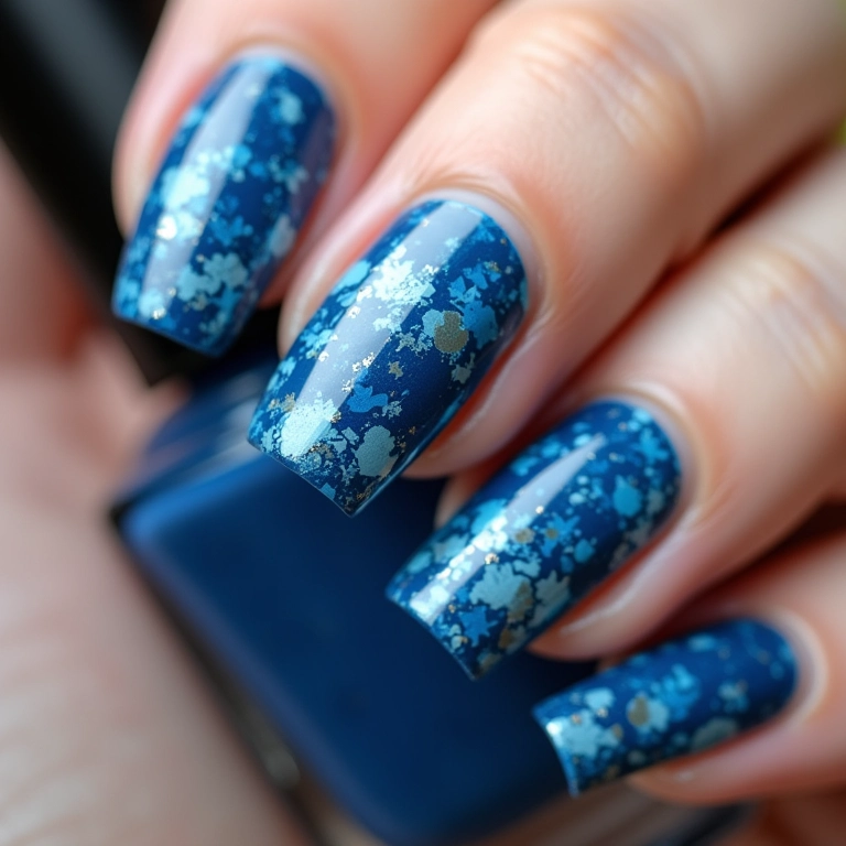 Unhas azuis com carimbo.