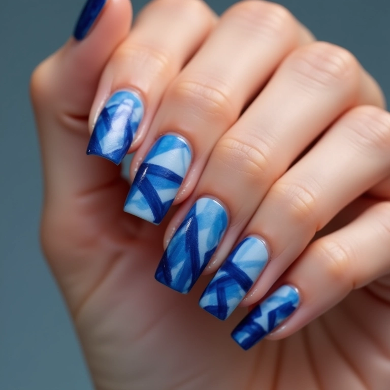 Unhas azuis com desenhos geométricos.