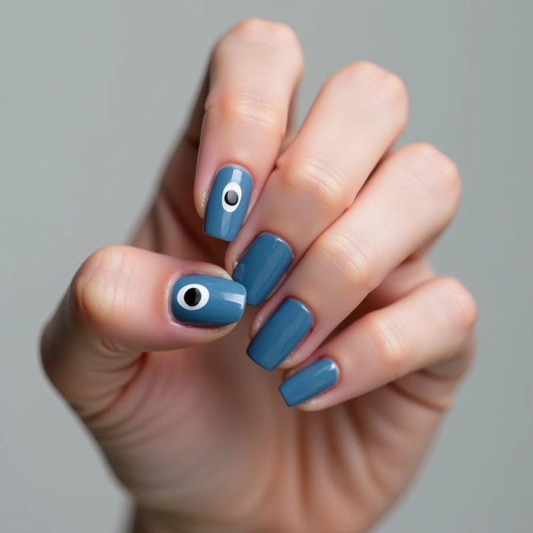 Unhas azuis com design minimalista de olho grego azul.