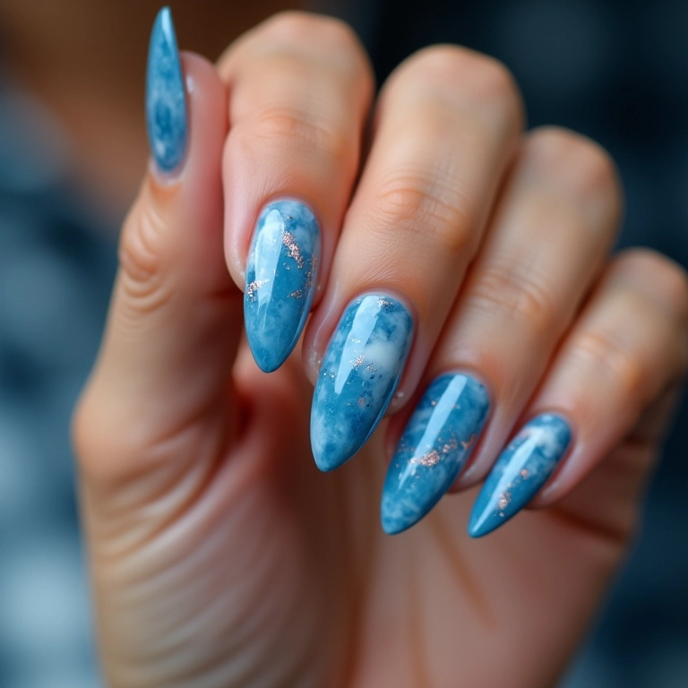 Unhas azuis com efeito marmorizado.