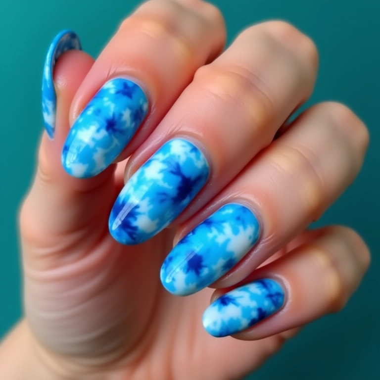 Unhas azuis com efeito tie-dye.