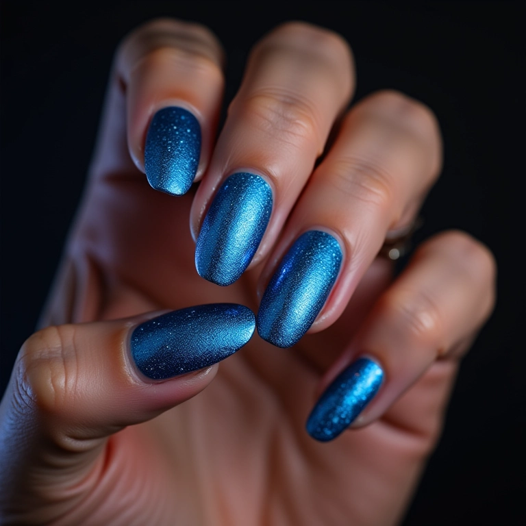 Unhas azuis com glitter.