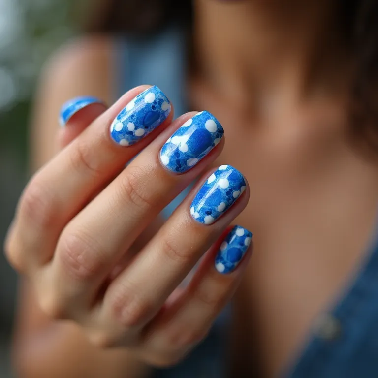 Unhas azuis e brancas elegantes.