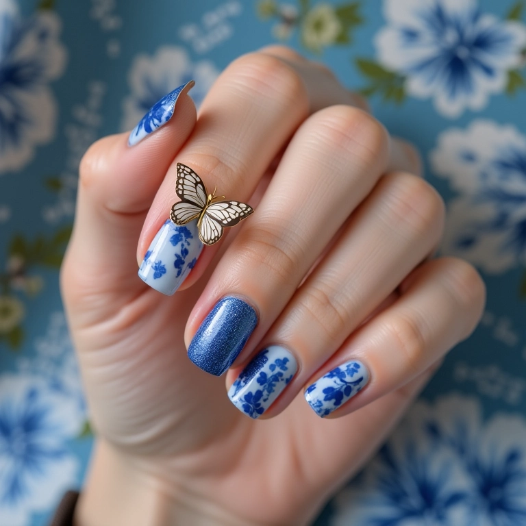 Unhas azul e branco com borboletas.