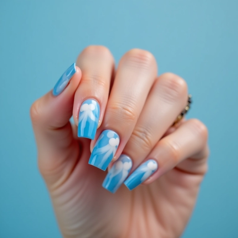 Unhas azul e branco com efeito degradê.