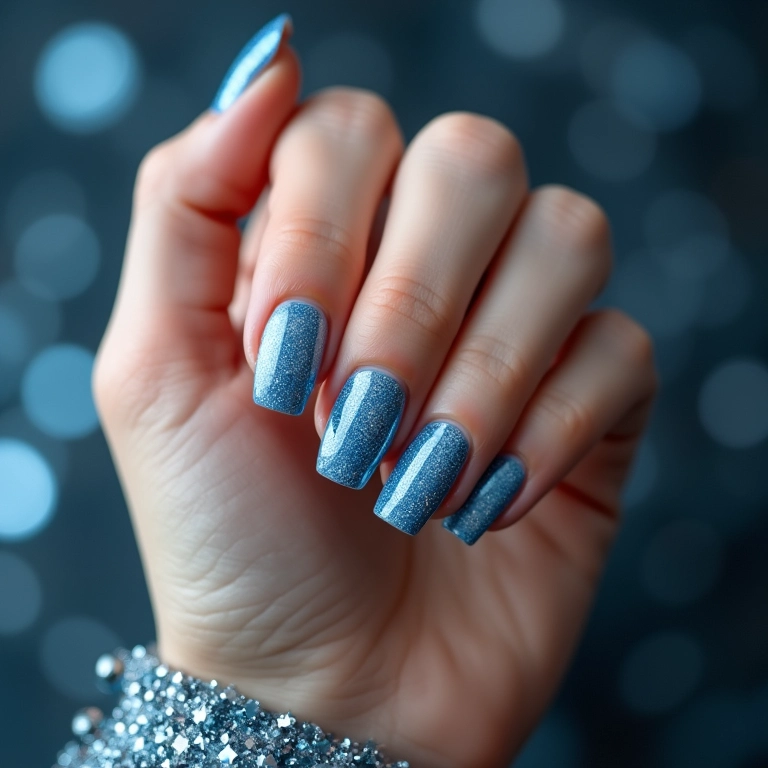 Unhas azul e branco com glitter brilhante.