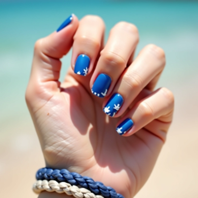 Unhas azul e branco com tema náutico.