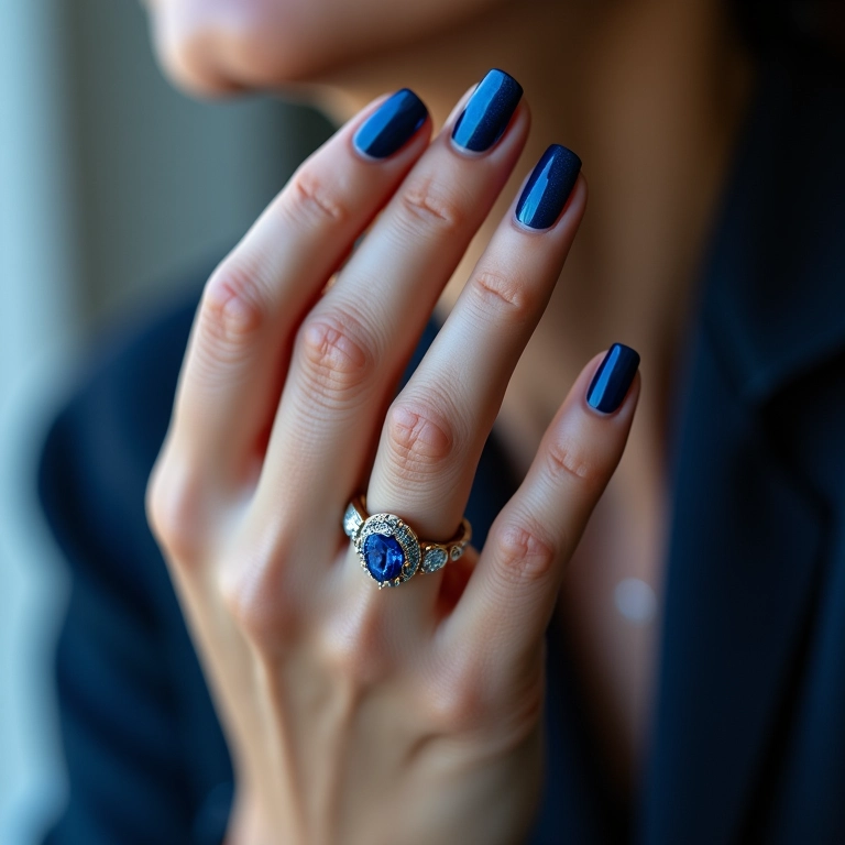 Unhas azul profundo, cor da noite de inverno.