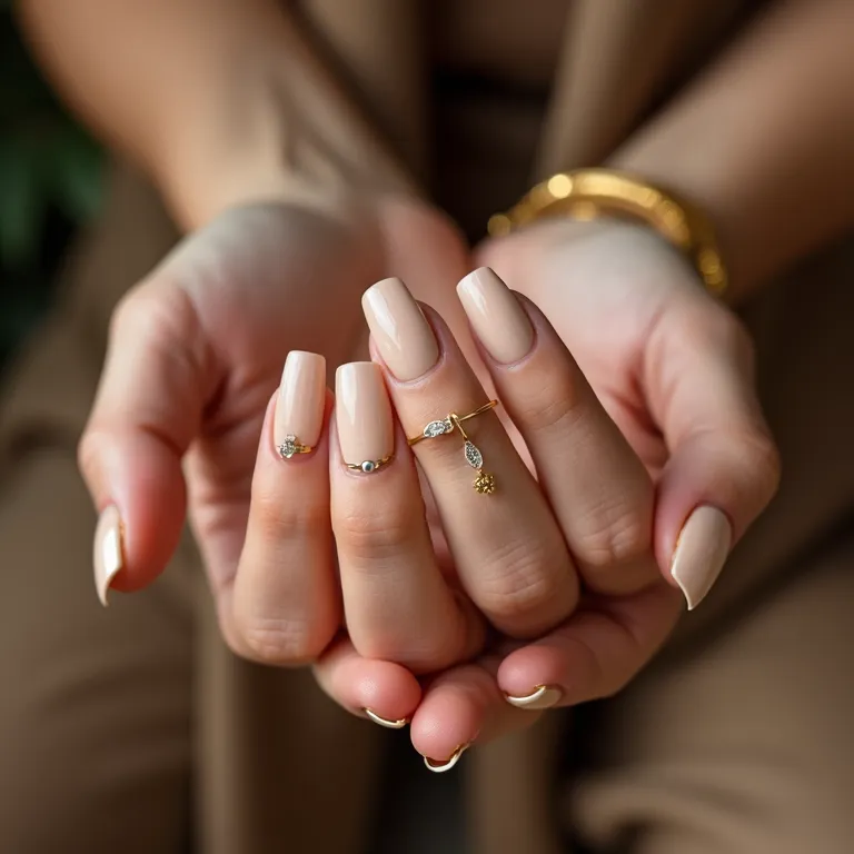 Unhas bege com detalhes dourados e joias delicadas.