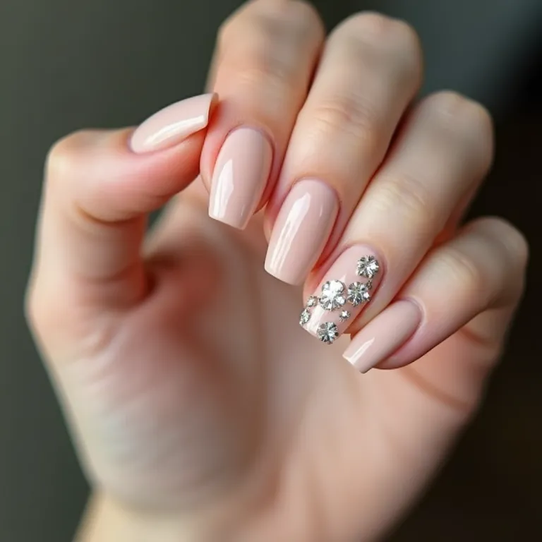 Unhas bege com pedrarias: um toque de glamour.