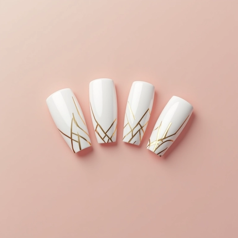 Unhas brancas com desenhos geométricos dourados.