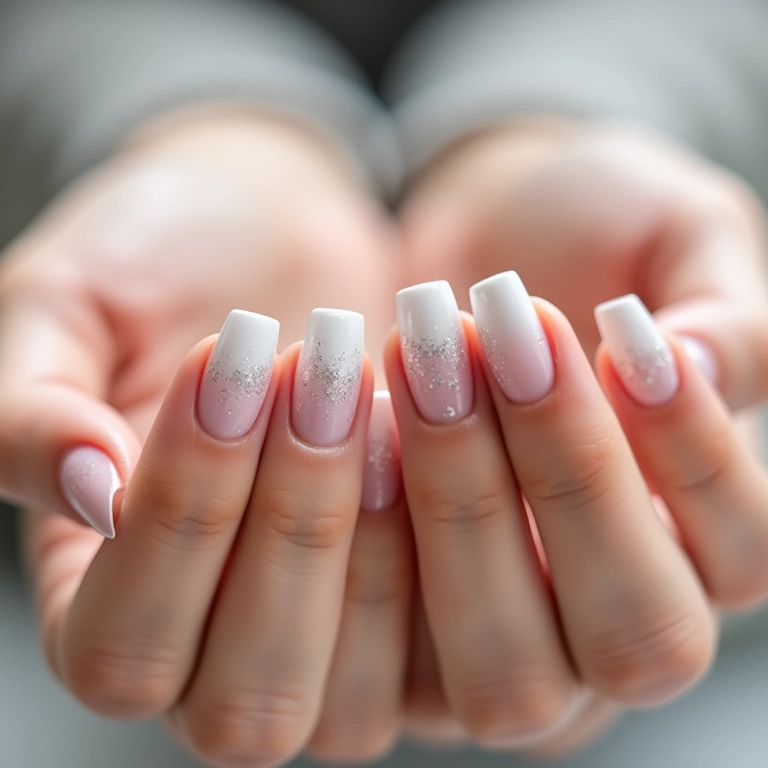 Unhas brancas com detalhes delicados em glitter.