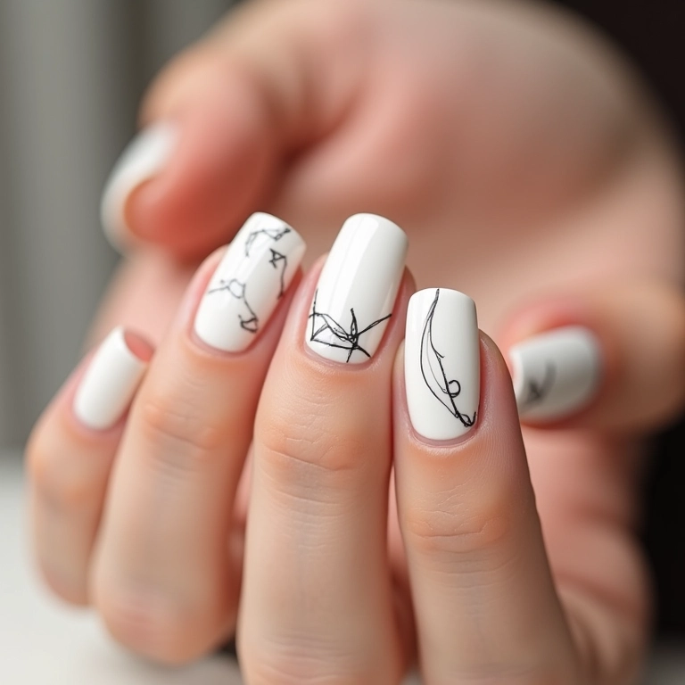 Unhas brancas com detalhes em preto: contraste moderno.
