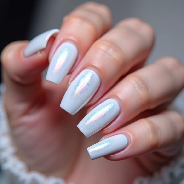 Unhas brancas com efeito holográfico.