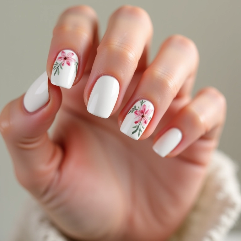 Unhas brancas com flores delicadas: toque feminino.