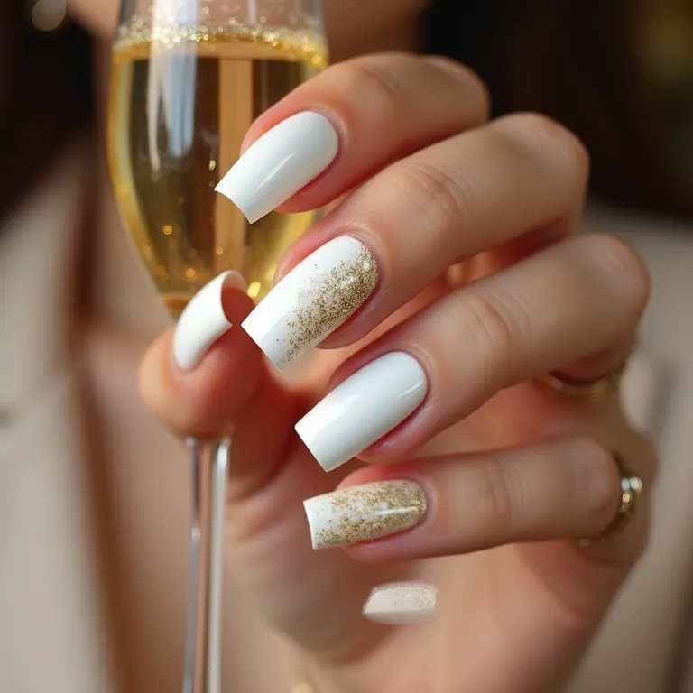 Unhas brancas com glitter dourado, puro luxo e sofisticação.