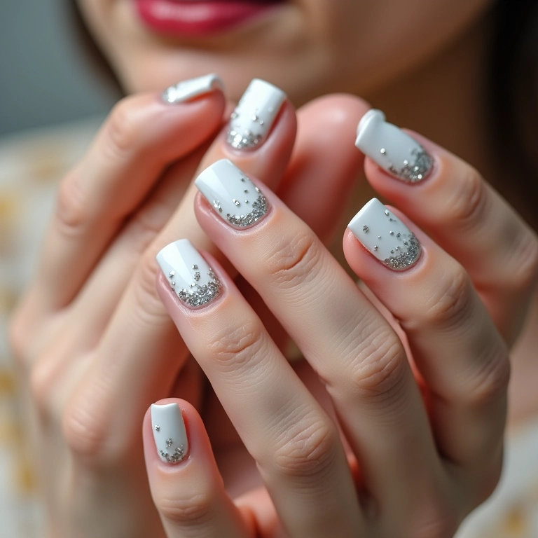 Unhas brancas com glitter prata, close-up elegante.
