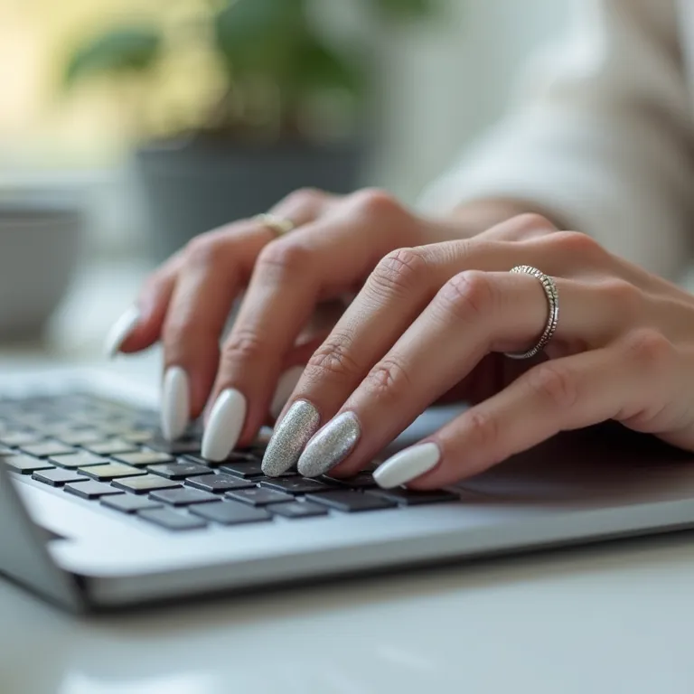 Unhas brancas com glitter prata, um brilho moderno e discreto.