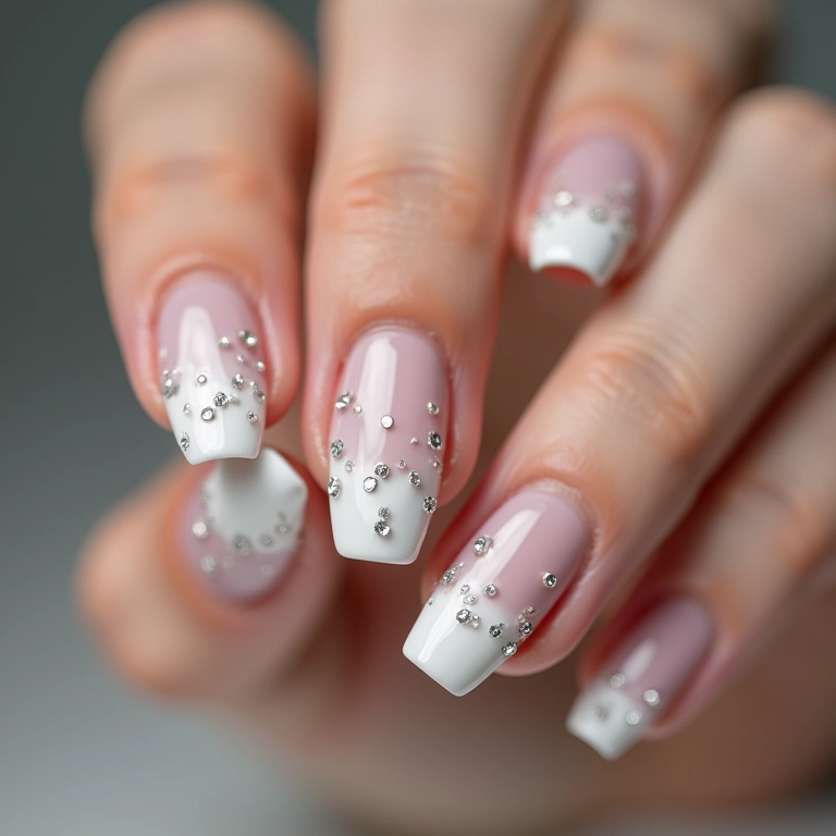 Unhas brancas com pedrarias delicadas: brilho sutil.