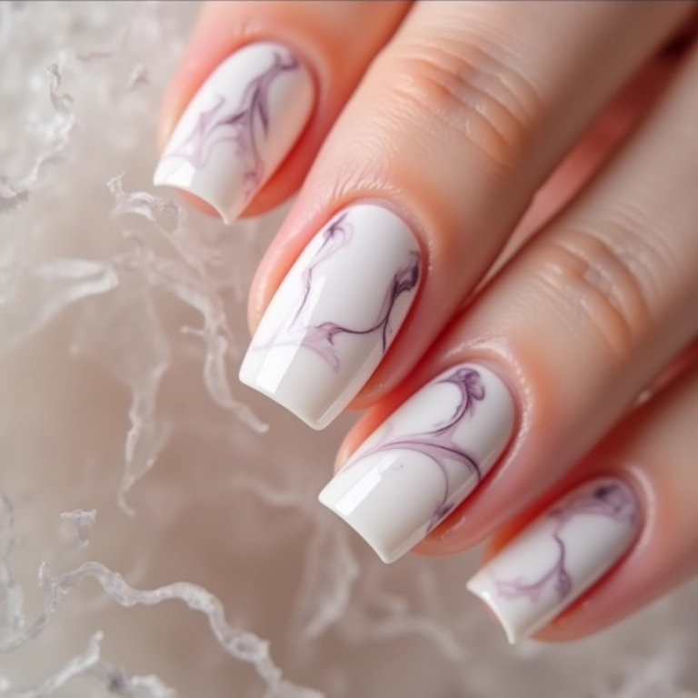 Unhas brancas marmorizadas: elegância texturizada.