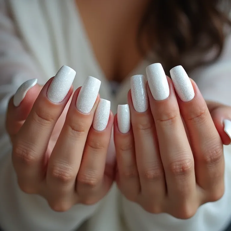 Unhas brancas totalmente cobertas de glitter.