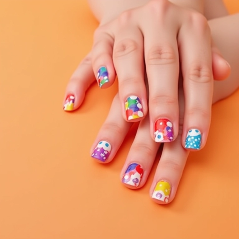 Unhas coloridas com bolinhas divertidas, um visual alegre e vibrante.